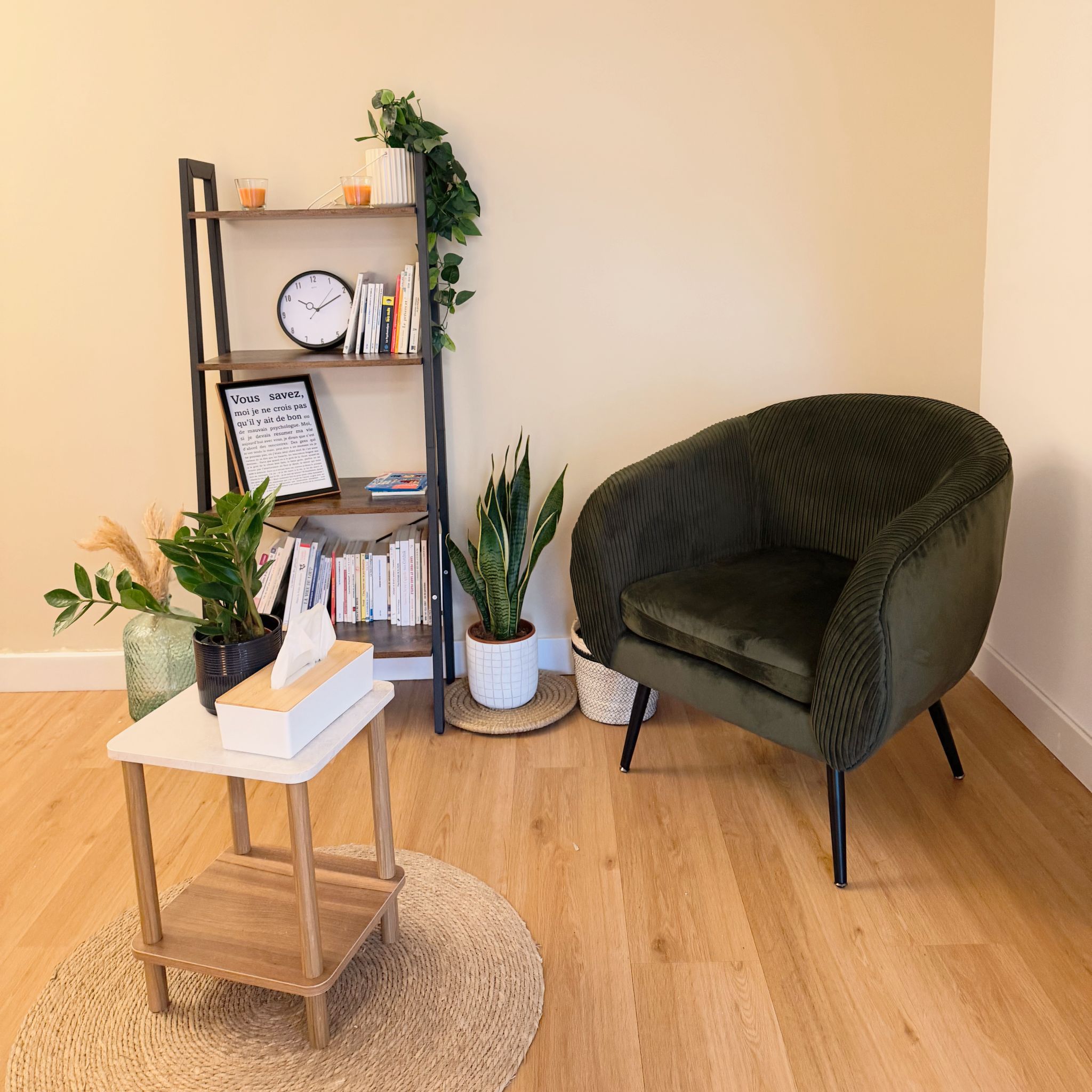 Espace de consultation calme et chaleureux avec fauteuil et plantes auprès d'un psychologue à Angers